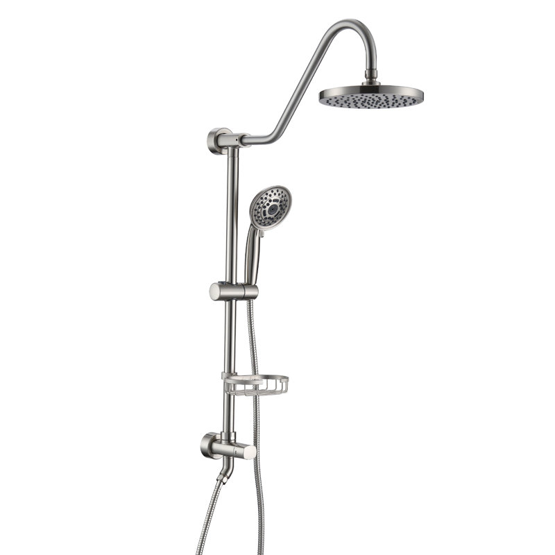 Système de douche avec pomme de douche à effet pluie, douchette à main à 5 fonctions, barre coulissante réglable et porte-savon pour ensemble de robinet de salle de bain, finition nickel brossé