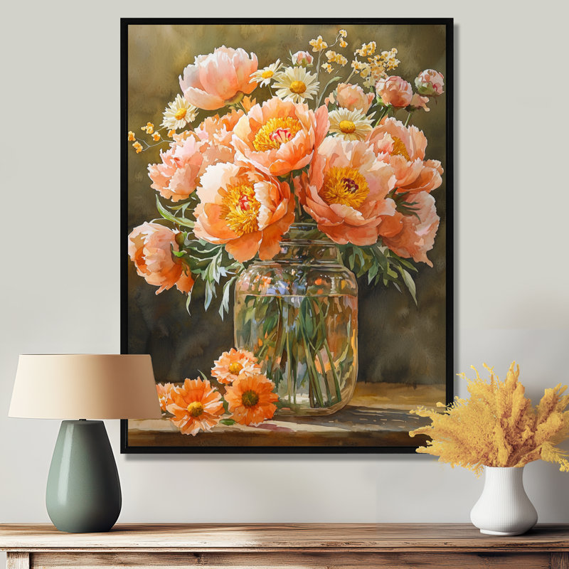 «Golden Hour Peony Bouquet At The Farm III» - pivoines, art mural, Noir, Reproduction avec cadre flottant, H 20 po x l 12 po