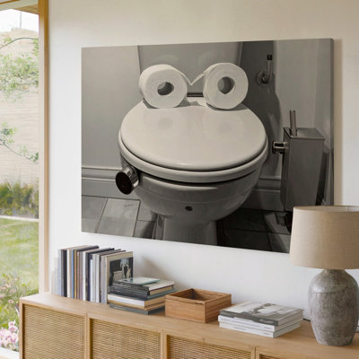 A Black And White Image Of A Toilet With Canvas A Humorous Twist The Toilet Seat Is Arranged To Wall Art Premium Quality Ready To Hang