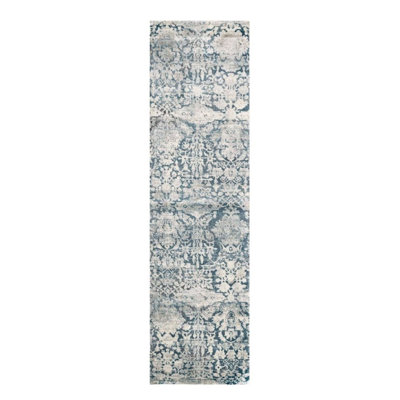 8' Teal Machine Woven Distressed Floral Traditional Indoor Runner Rug