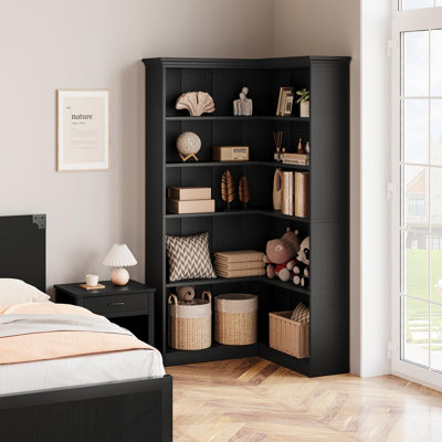 72.8" L-Shaped Corner Bookshelf, Farmhouse 5-Tier Tall Wood Bookcase, Rustic Storage & Display Rack, Full Panel