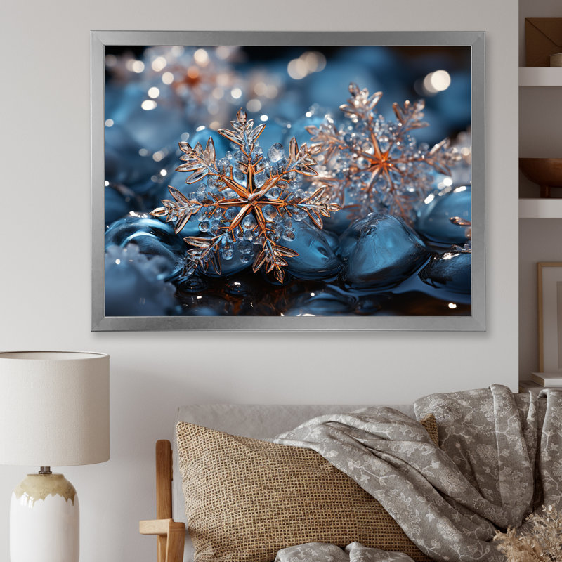 «Sunrise Snowflake Tranquility IV - Winter Landscape», art mural, Cadre flottant brun, H 16 po x l 32 po x P 1 po
