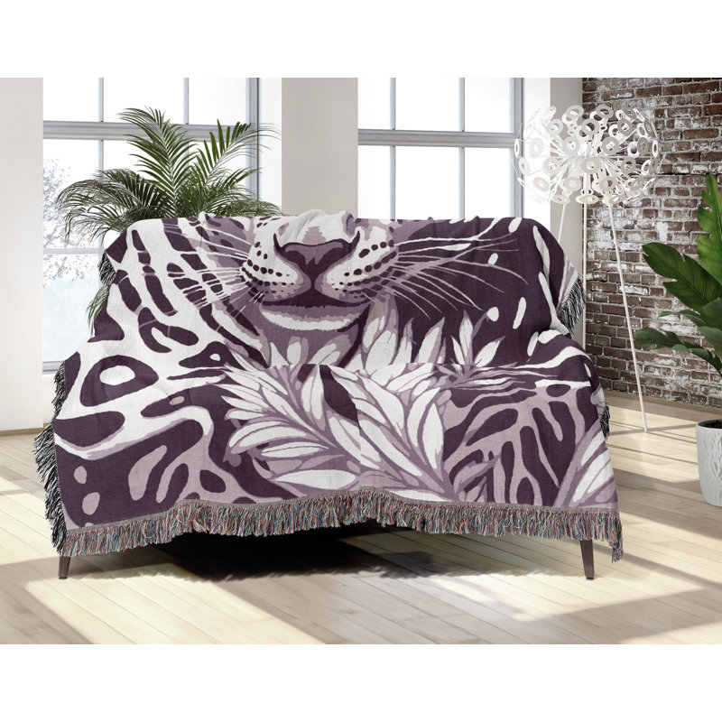 Fiero Leopard Cotton Blend Blanket Throw, Purple/Off White, 60" L x 50" W
