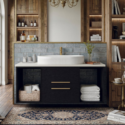 Meuble-lavabo flottant moderne de 39,4 po avec rangement ouvert, lavabo en bois massif et céramique et 2 tiroirs à fermeture en douceur, noir / beige