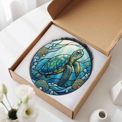 Sea Turtle Stained Glass Window Panel，7.8H