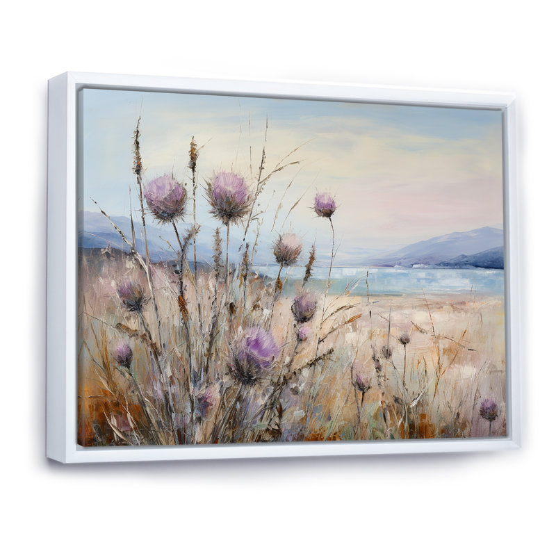 «Purple Thistle Field Farmhouse Charm I», reproduction sur toile, Cadre flottant blanc, H 16 po x l 32 po x P 1 po