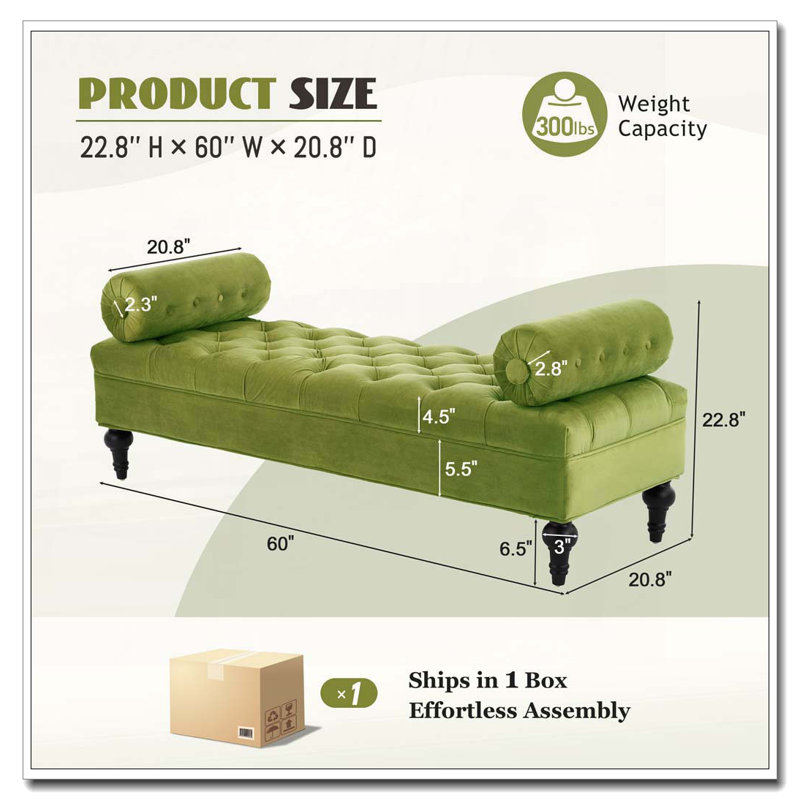Bedroom Bench,Bench for End of Bed,Velvet Upholstered Bench with 2 Detachable Pillows,Comfy Upholstered Footstool,Ottoman for Bedroom,Living Room, Entryway