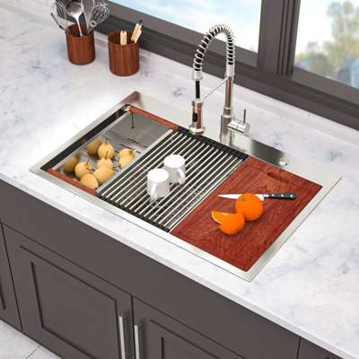 Topmount Drop In Kitchen Sink - 33"X 22" X 10" Double Bowl (60/40) Kitchen Sink 16 Gauge With Two 10" Deep Basin, Brushed Nickel