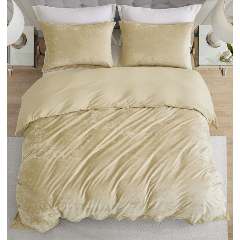 Piers Distressed Velvet Duvet Cover Set, King Duvet Cover + 2 King Shams, Beige
