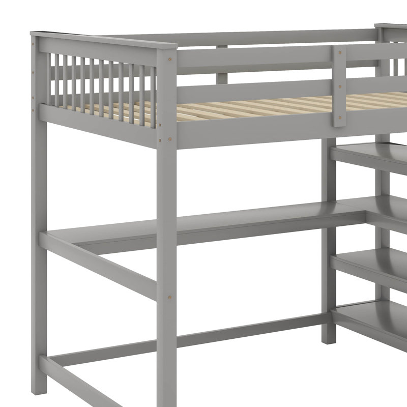 Lit mezzanine double avec tablettes et bureau, Gris