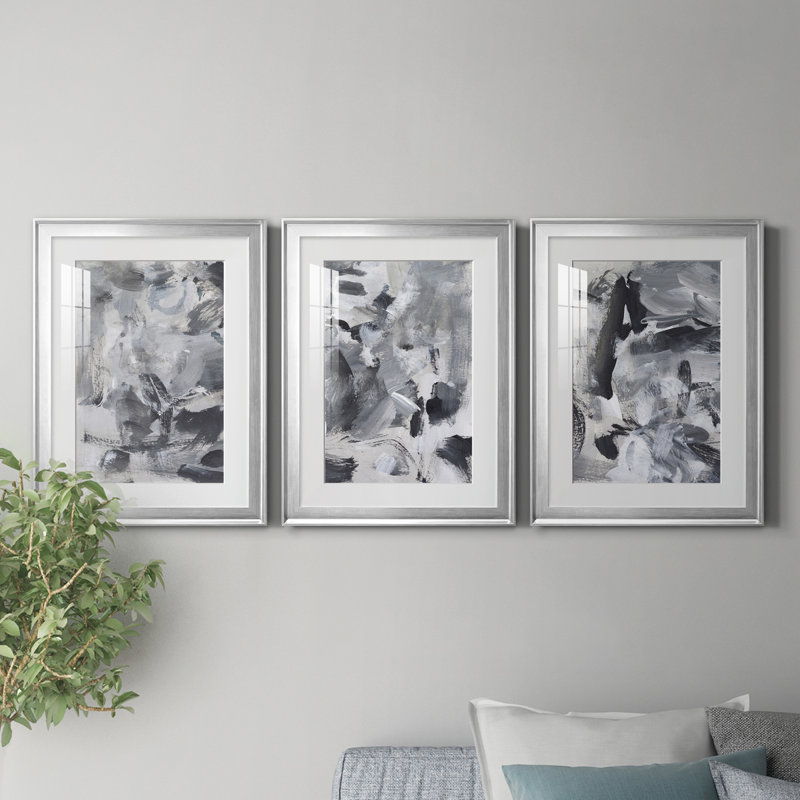 «Black and White Mix I», ensemble de 3 cadres photo, H 24,5 po x l 55,5 po x P 1 po, Cadre argenté