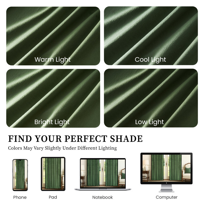 Alicea Velvet 100% Blackout Thermal Curtain Panel , 52" W x 108" L, Moss Green