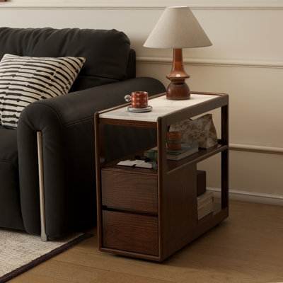Solid Oak Assembled Mobile End Table with Sintered Stone Tabletop, Wheels