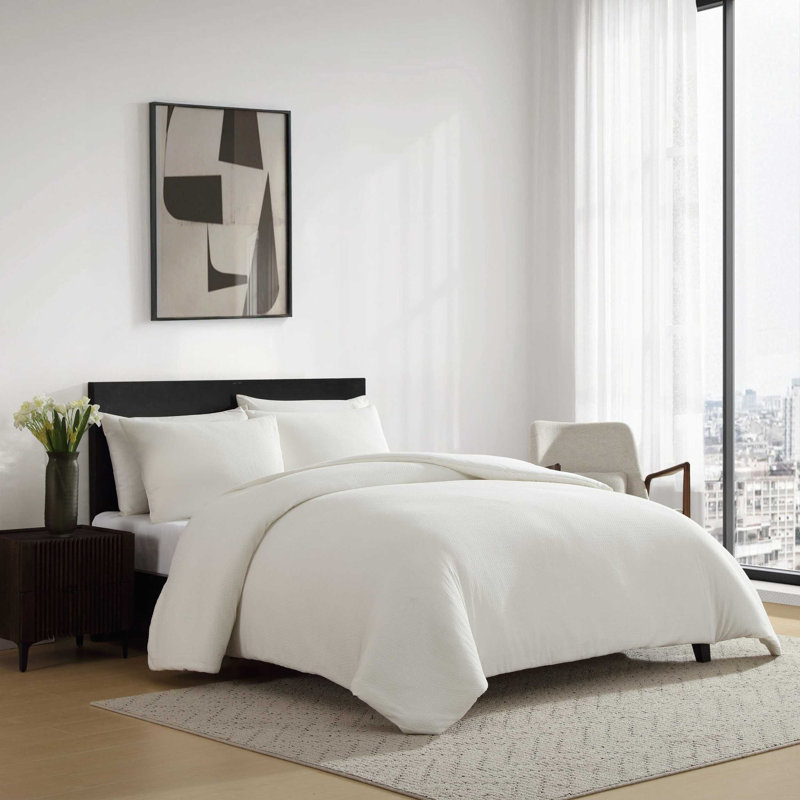 Vera Wang Threaded Basketweave Cotton White Comforter Set, King Comforter + 2 King Shams