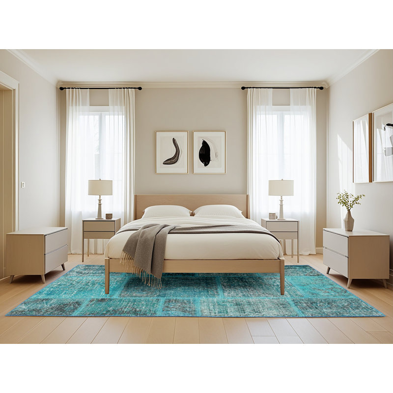 Tapis bleu ciel contemporain/zone blanche Basque, Rectangle 5 pi x 8 pi