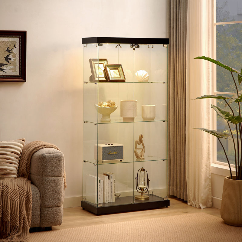 Armoire de rangement en verre à 4 niveaux, armoire en verre à double porte, quatre cloisons, deux serrures, armoire de rangement au sol
