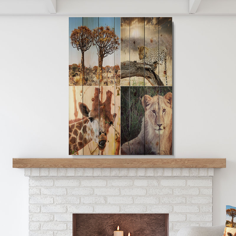 African Safari Wildlife Collage - impression d'art graphique, H 46 po x l 36 po x P 1,5 po, Bois