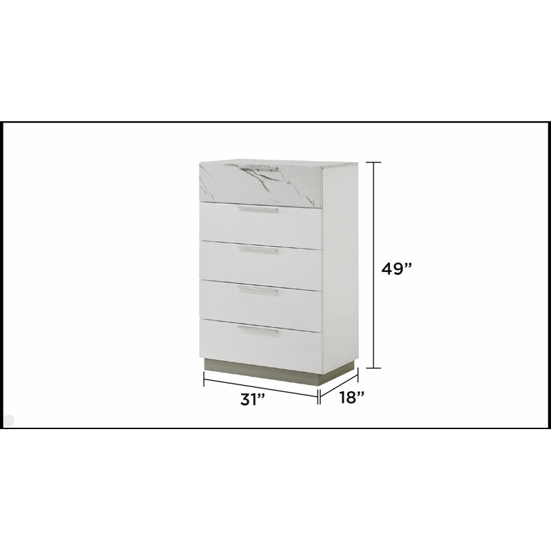 Commode Mist White avec finition bicolore ultrabrillante en marbre et laque, cinq tiroirs à glissement lisse et tiroir supérieur doublé de velours