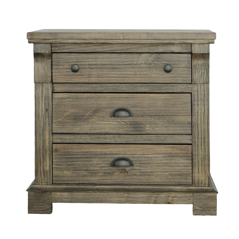Weathered Gray Brown Pine 3-Drawer Nightstand