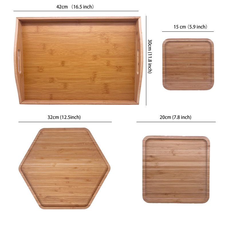 Natural Bamboo Serving Trays Set with Handles, Hexagon and Square Plates