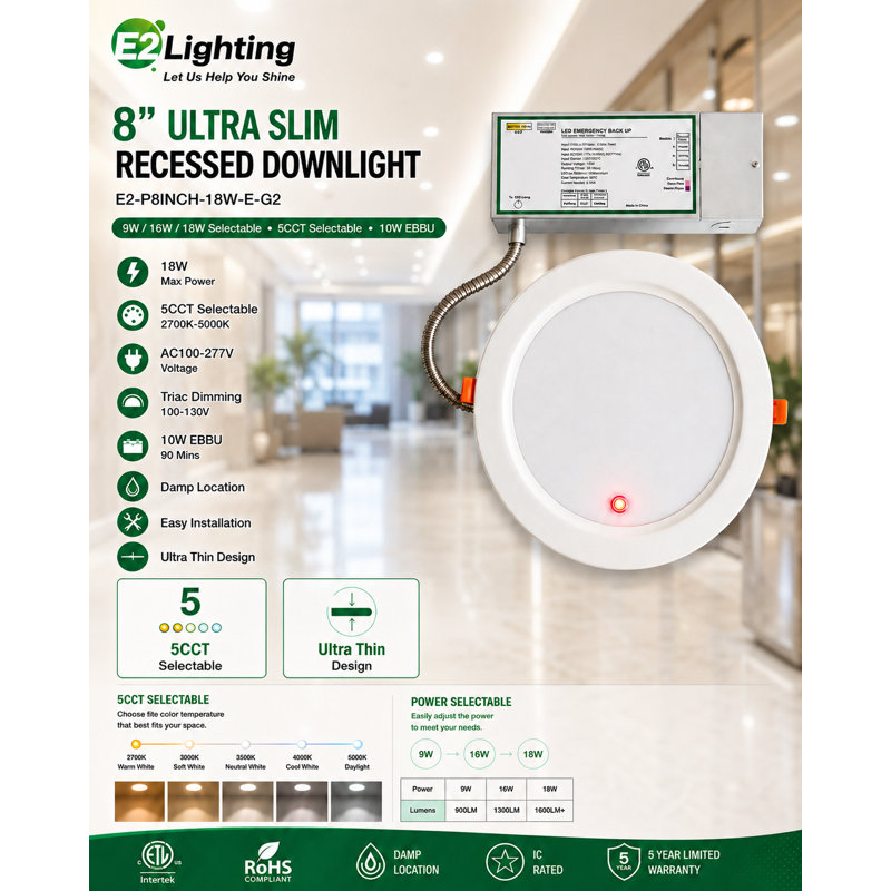 E2 Lighting 8-Inch Ultra Slim Recessed LED Downlight with 10W Emergency Battery Backup, 3 Adjustable Wattages, 5CCT, Gen 2, White, Latest Version with Conduit Wire