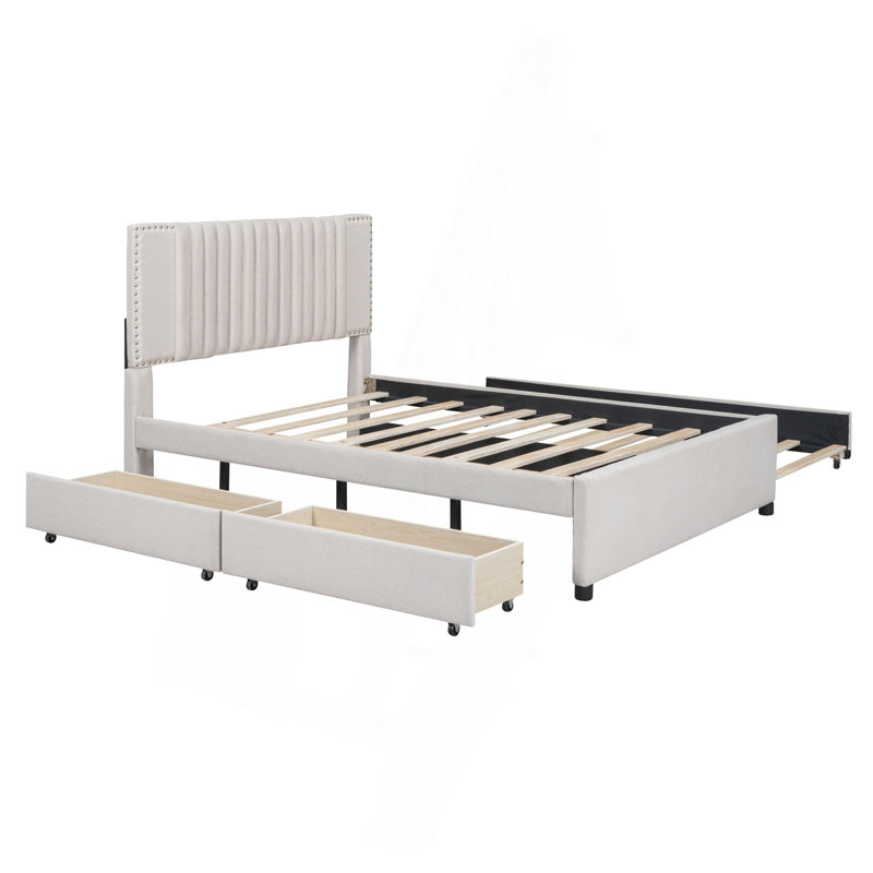 Lit plateforme double tapissier pleine grandeur avec 2 tiroirs et 1 lit gigogne simple, tête de lit classique, beige