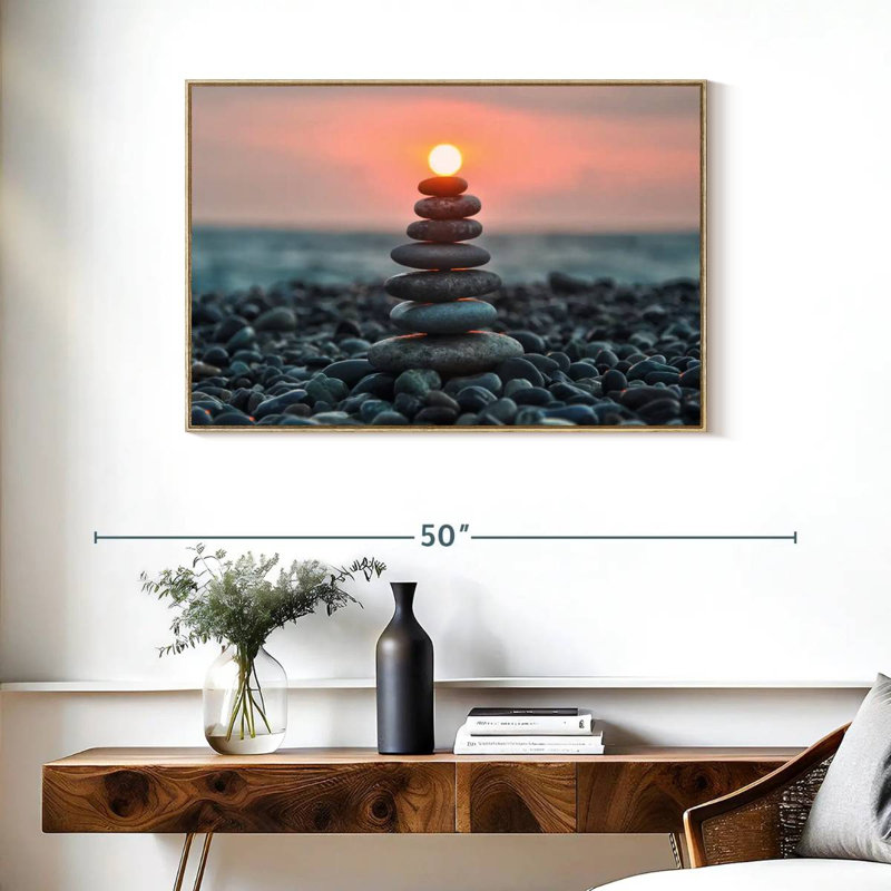 Zen pile au coucher du soleil, Cadre flottant en bois naturel, 37 po x 25 po