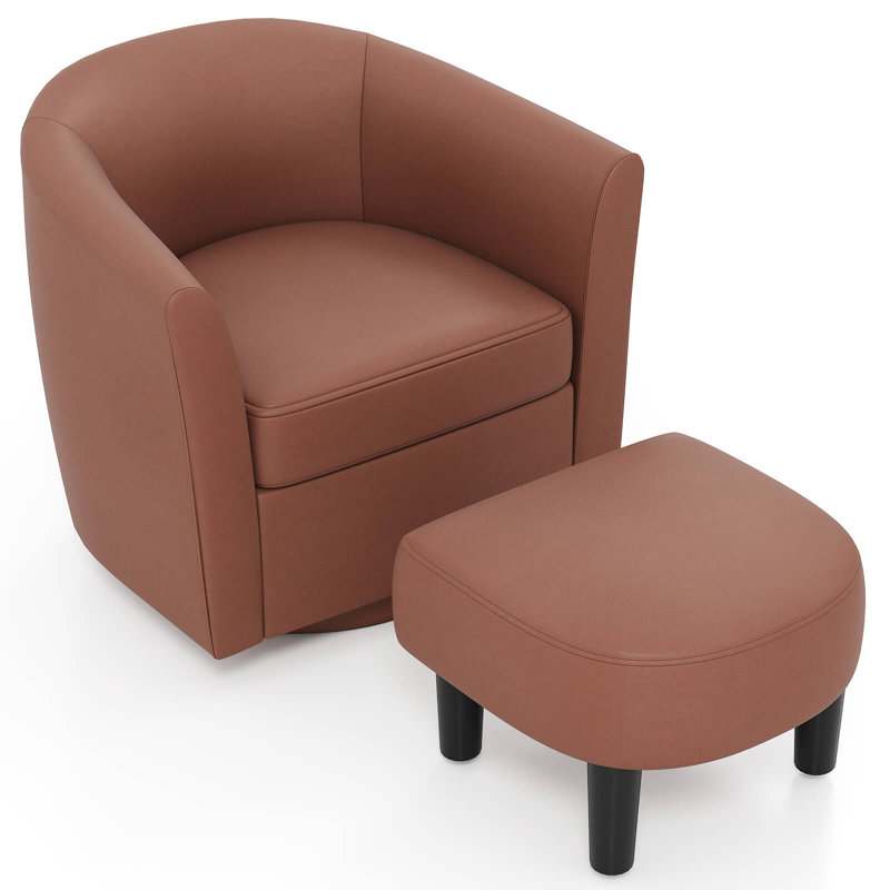 Fauteuil demi-tonneau pivotant avec repose-pieds, dossier courbé et accoudoirs, Brun