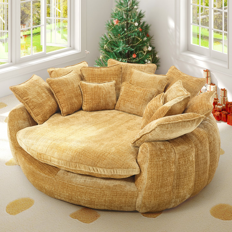 81" Oversized Round Chaise Lounge Sofa Bed with Chenille Upholstery and 14 Pillows, Yellow