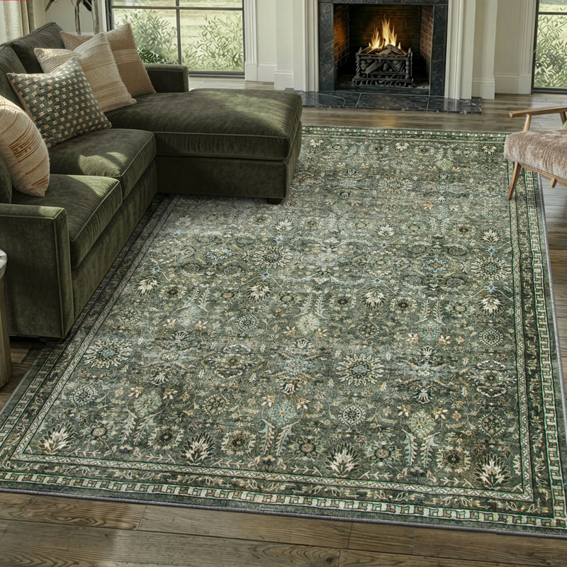 Watte Vintage Floral Border Washable Area Rug with Non-Slip Backing for Living Room & Bedroom, Rectangle 8' x 10'