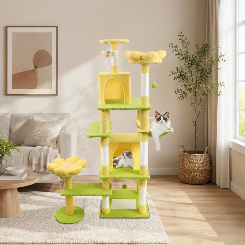 Arbre à chat 71 pouces avec grand condo, coussin amovible et hamac pour un confort et un jeu félins ultimes, Yellow