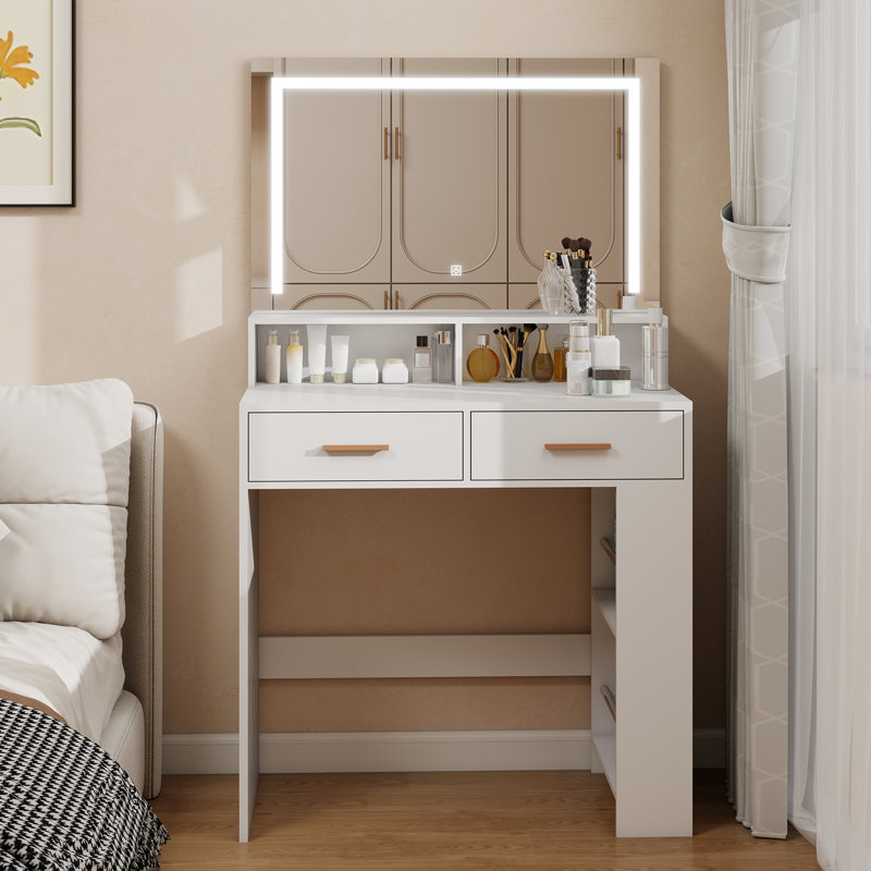 Vanity Desk with Mirror and Lights,White Makeup Vanity with Power Outlet 