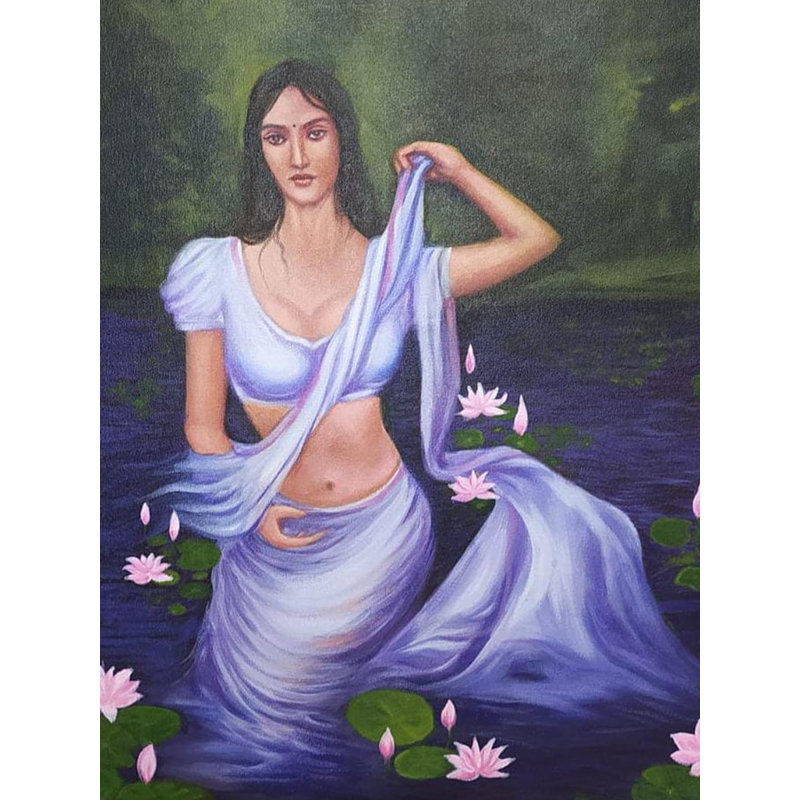 Arunika - Dame dans l'étang | Acrylique sur toile | Par Shreya Chichbankar