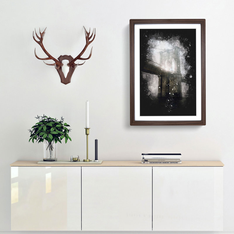 Lights Of Brooklyn Bridge Paint Splash - Picture Frame Graphic Art, 33cm H x 24cm W x 2cm D, Walnut Framed