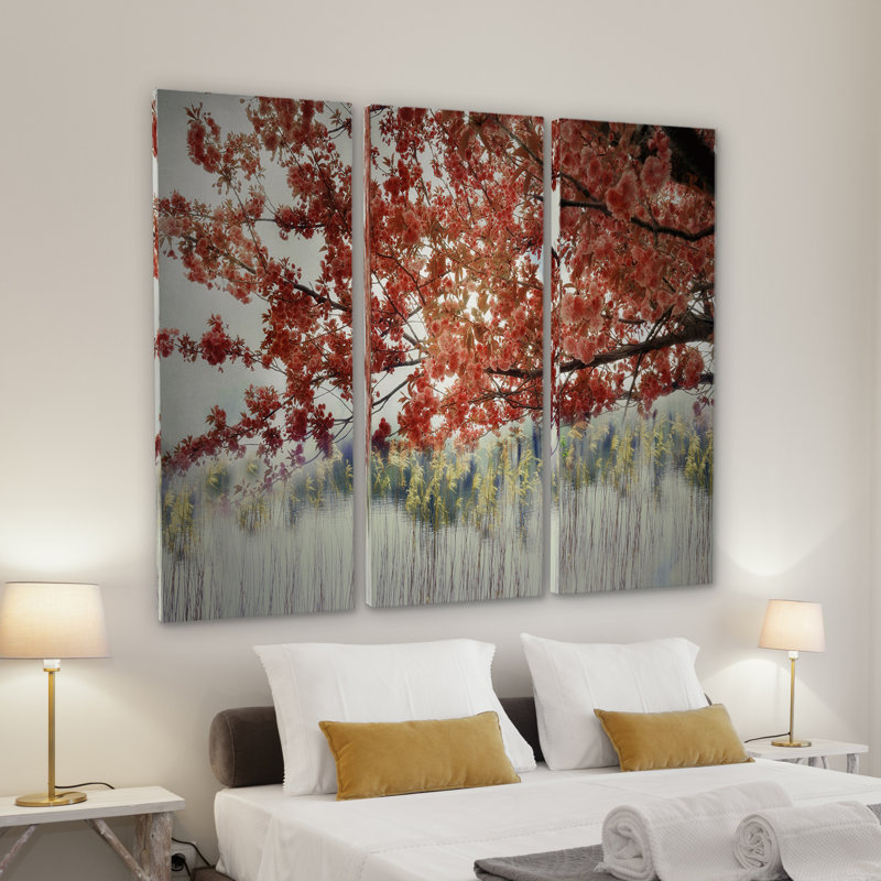 Sakura on the Lake II - 3 pièces, reproduction d'art sur toile tendue, H 32 po x l 48 po x P 1,5 po