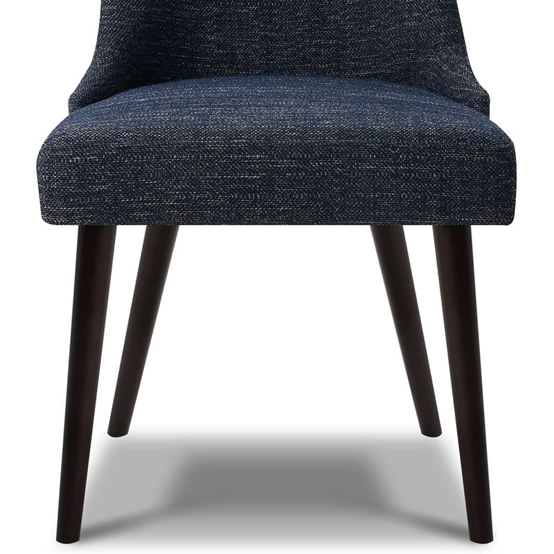 Dark Blue Upholstered Mid-Century Modern Dining Chairs with Wood Legs, Set of 2