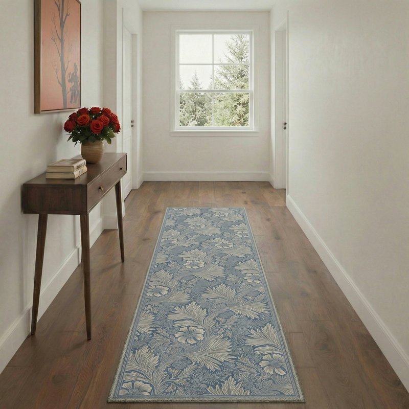Aflora Floral Machine Washable Celestial Blue Indoor Area Rug With Non-Slip Backing, Runner 2' x 6'