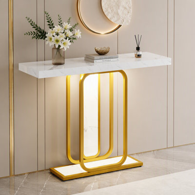 Modern LED Console Table With Faux Marble Top And Gold Frame, Narrow Entryway Sofa Table For Hallway, Foyer, And Living Room