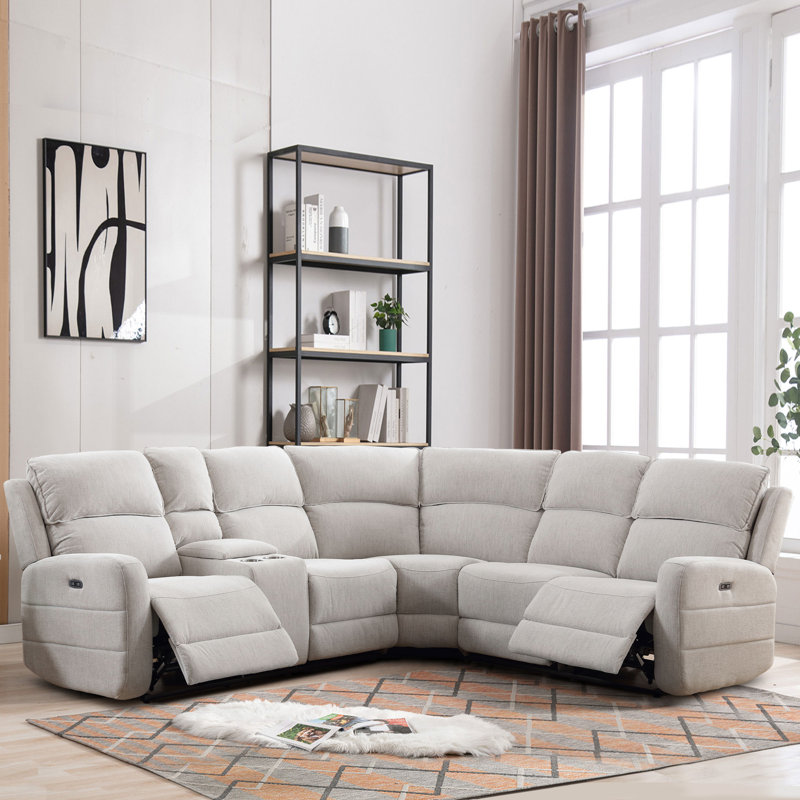 Ibach 3 - Piece Modern and Overstuffed Soft Power Reclining Sectional with Cupholders and Storage, Beige Polyester Blend