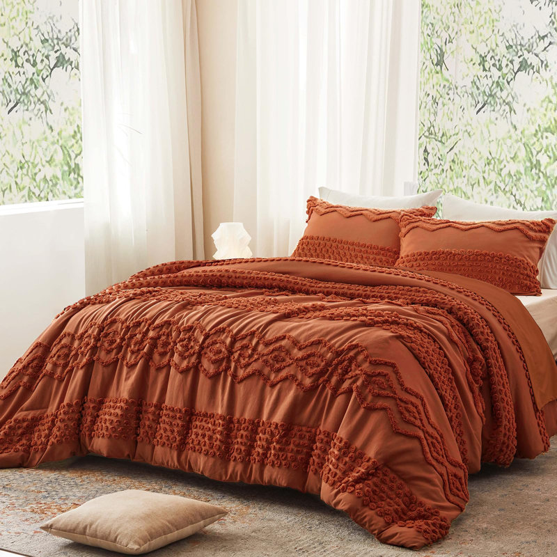 Ensemble d'édredon touffeté 3 pièces Boho Farmhouse, Terracotta, Édredon pour très grand lit + 2 taies décorativ