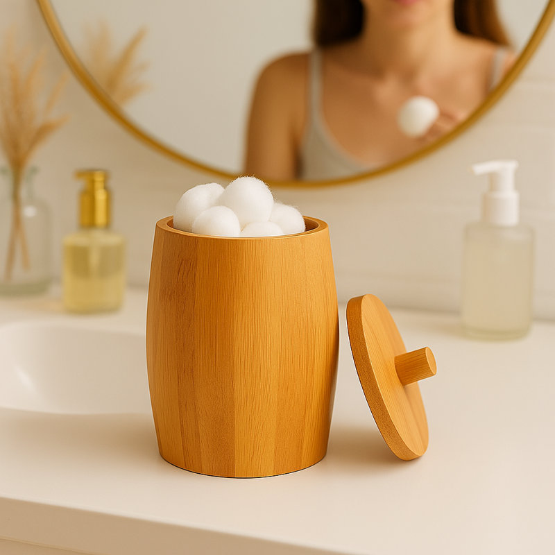 Natural Bamboo Cotton Swab Holder Rustic Barrel-Shaped Storage Jar for Cotton Balls Cotton Swabs Bathroom Essentials Eco-Friendly and Stylish Vanity Organizer