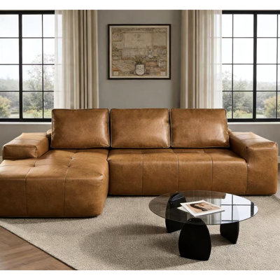 Canapé d'angle Cloud en similicuir brun avec méridienne, sans structure, sans assemblage, en forme de L modulable, mousse à mémoire de forme souple, dossier rembourré, style moderne du milieu du siècle, 3 places, assise moelleuse, rembourrage en mousse, dossier.
