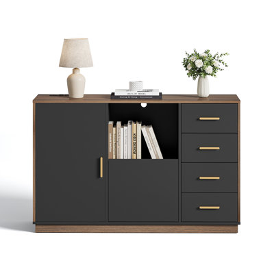 47.2"W - 5 Drawers Lateral File Cabinet with Door, Adjustable Shelves, Power Strip, and Open Storage for Home Office