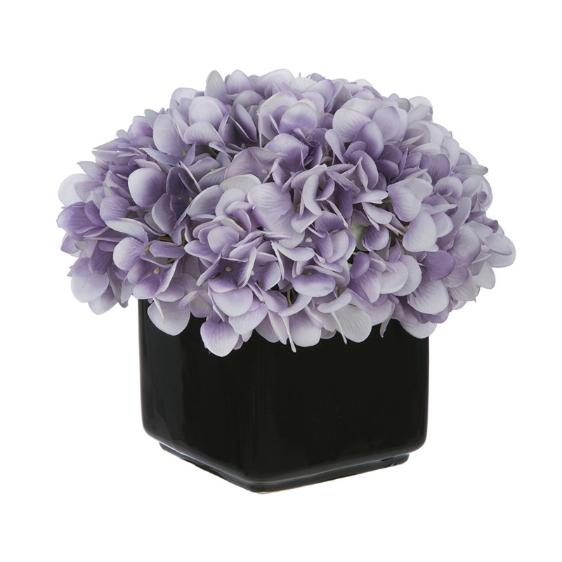 Hortensia artificiel dans un vase cubique en céramique noir brillant, Lavande