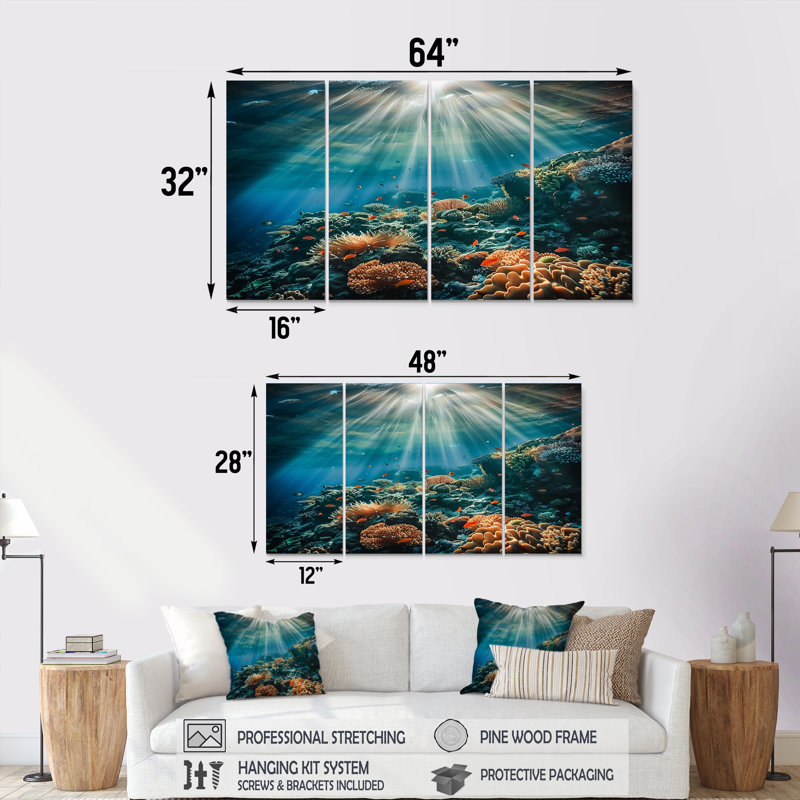 «Little Fishes God Rays Deep Ocean Orange Coral», reproduction d'art sur toile 4 pièces, H 32 po x l 64 po