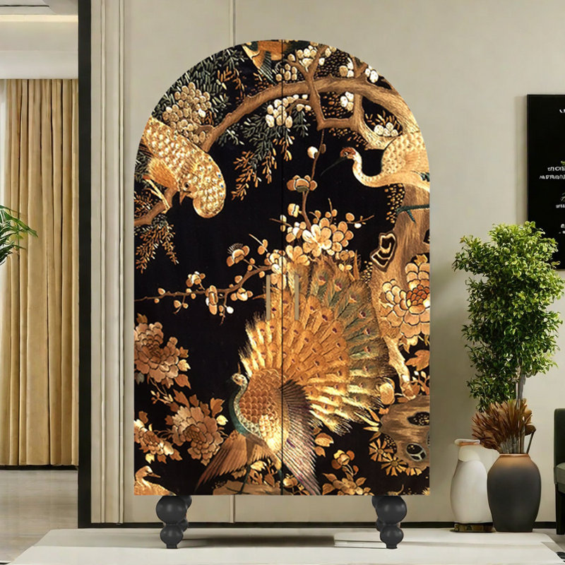 Armoire arquée rétro avec tringle à vêtements et tablettes, Or/noir