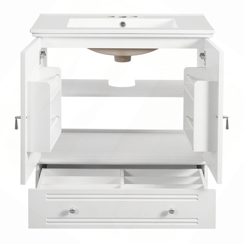 Meuble-lavabo de 30 po avec lavabo en céramique, meuble-lavabo à cadre en bois massif avec tablette réglable, tiroir avec cloison, pieds en bois massif