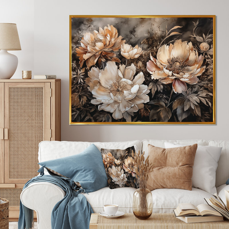 Reproduction sur toile encadrée de pivoines crème et brunes - pivoines, H 24 po x l 32 po x P 1 po, Cadre flottant doré