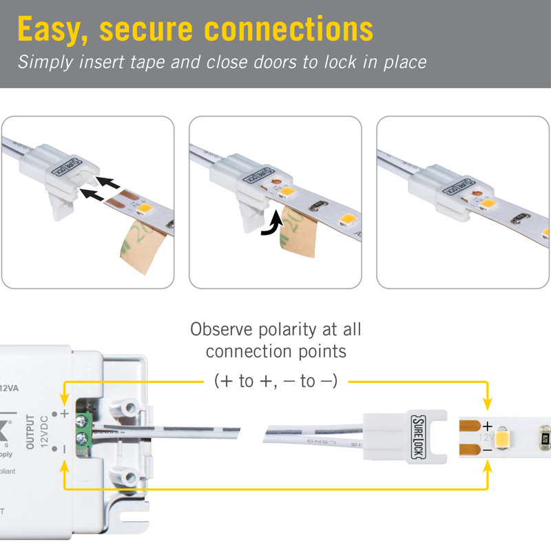 Connecteur d'extension de bande lumineuse à DEL 2 broches SureLock, paquet de 3