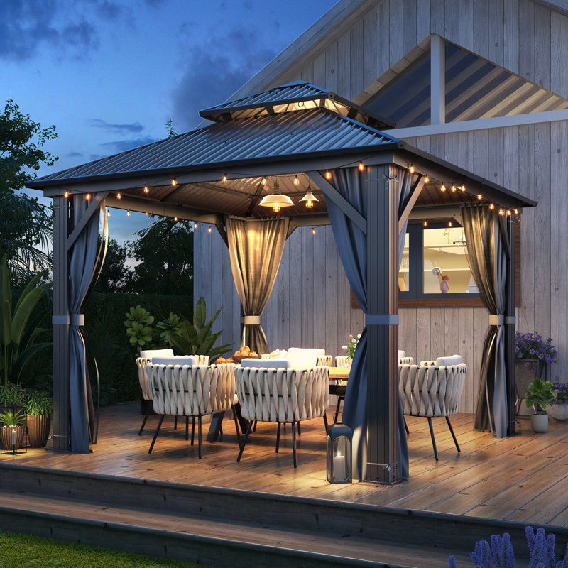 10 ft. W x 10 ft. D Outdoor Aluminum Patio Gazebo - Galvanized Steel Hardtop Gazebo with Netting & Curtains